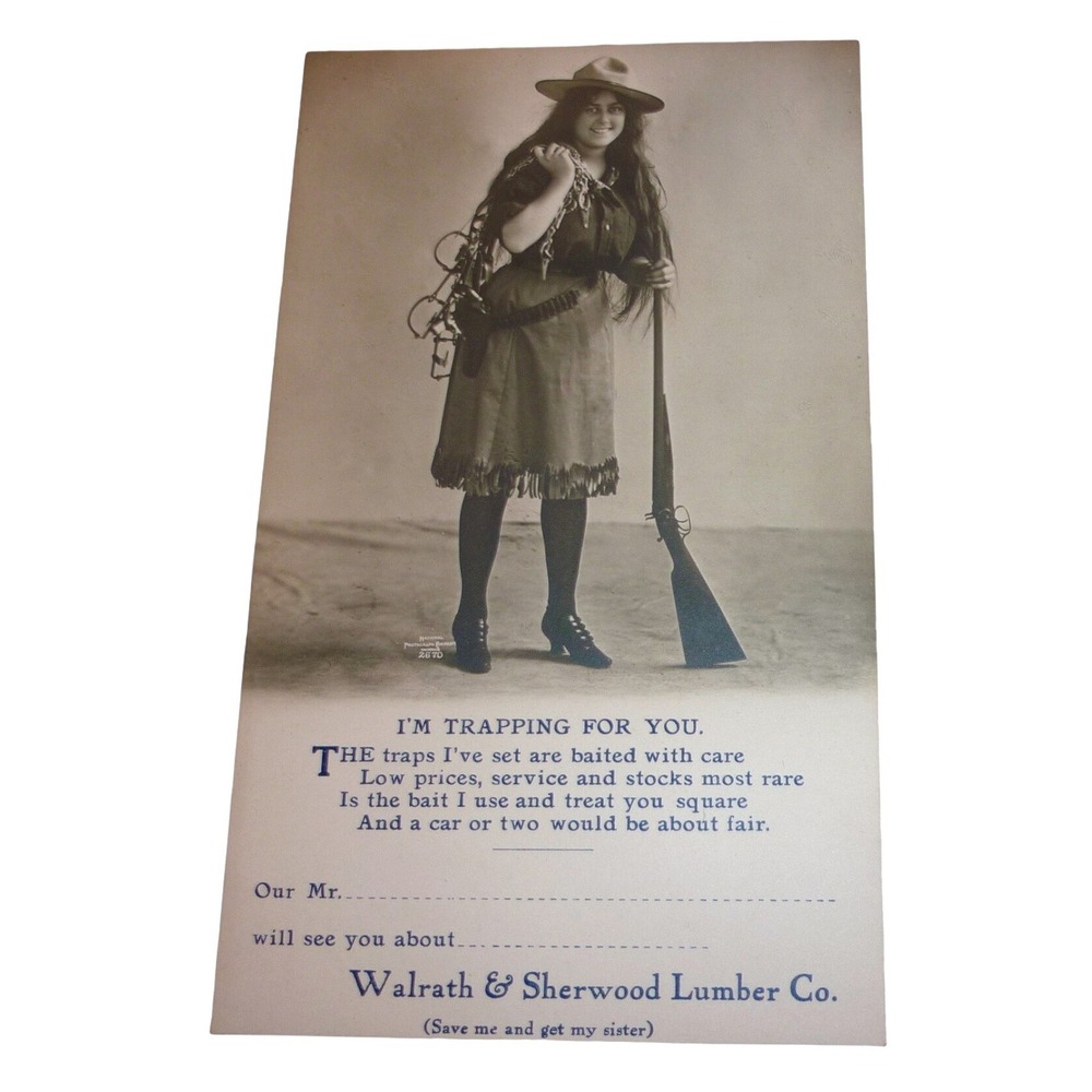 Vintage Walrath & Sherwood Lumber Co Advertising Postcard Female Trapper Rifle
